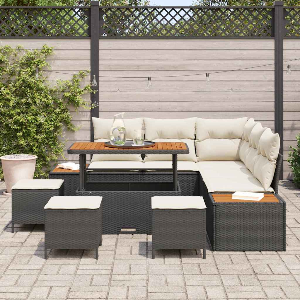 Set Divano da Giardino con cuscino 9 pcs Nero Poly Rattan