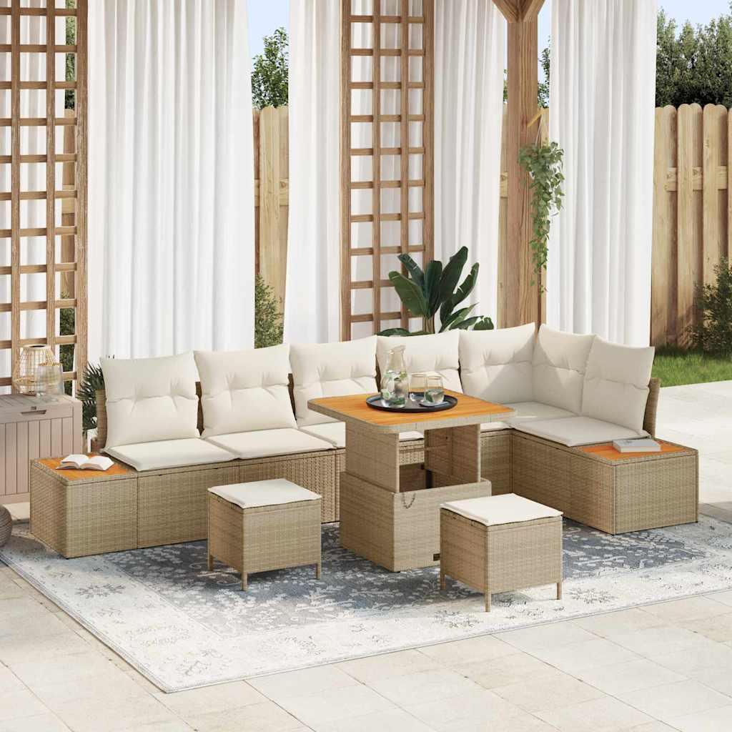 Set Divano da Giardino con cuscino 9 pcs Beige Poly Rattan