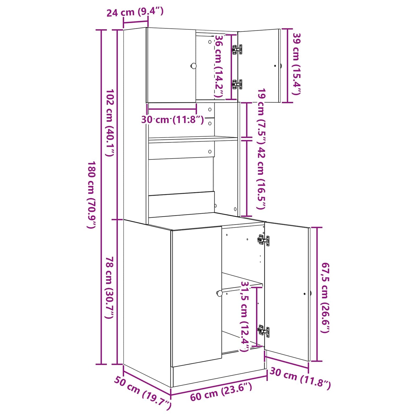 Credenza da cucina con porta 2 pcs Rovere Nero 60 x 50 x 180 cm