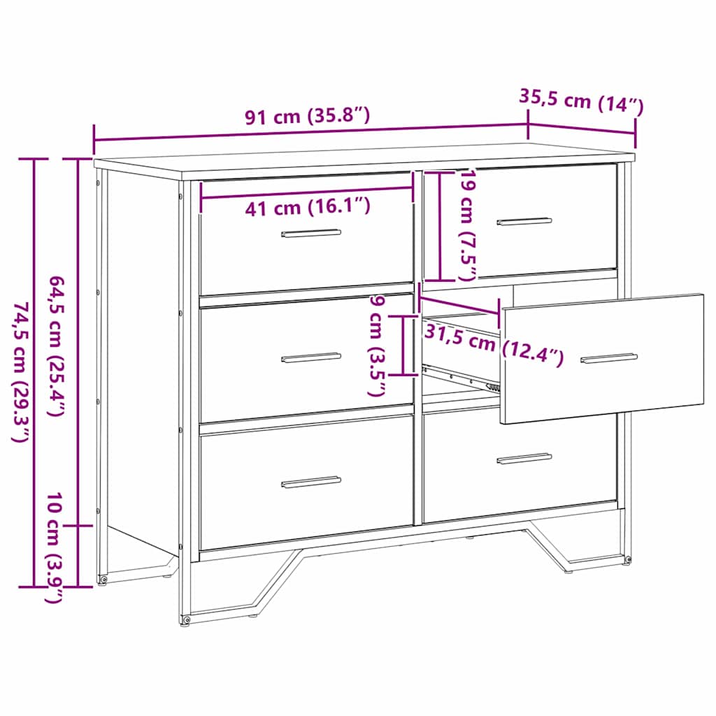 Cassettiera Rovere nero 91 x 35.5 x 74.5 cm Legno multistrato