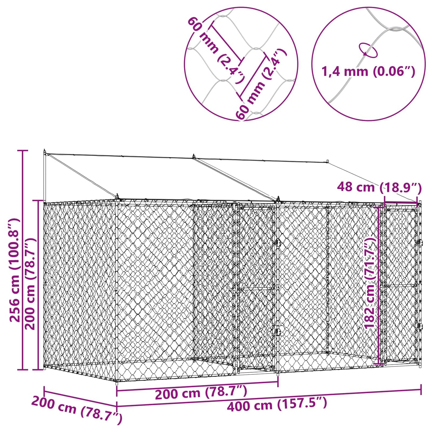 Gabbia per Cani con Tetto Argento 400 x 200 x 256 cm | homemem39