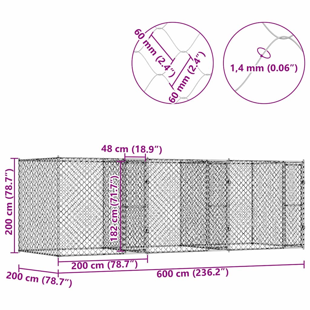 Gabbia per cani Argento 600 x 200 x 200 cm Acciaio zincato