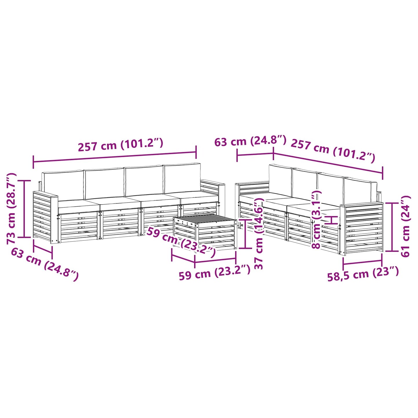 Set divani 9 pcs Naturale e Antracite Legno di Acacia Massello | homemem39