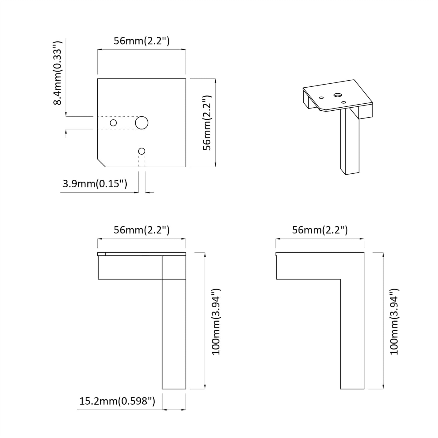 Piedi in piedi 2 pcs Nero 57 x 57 x 100 mm Ferro