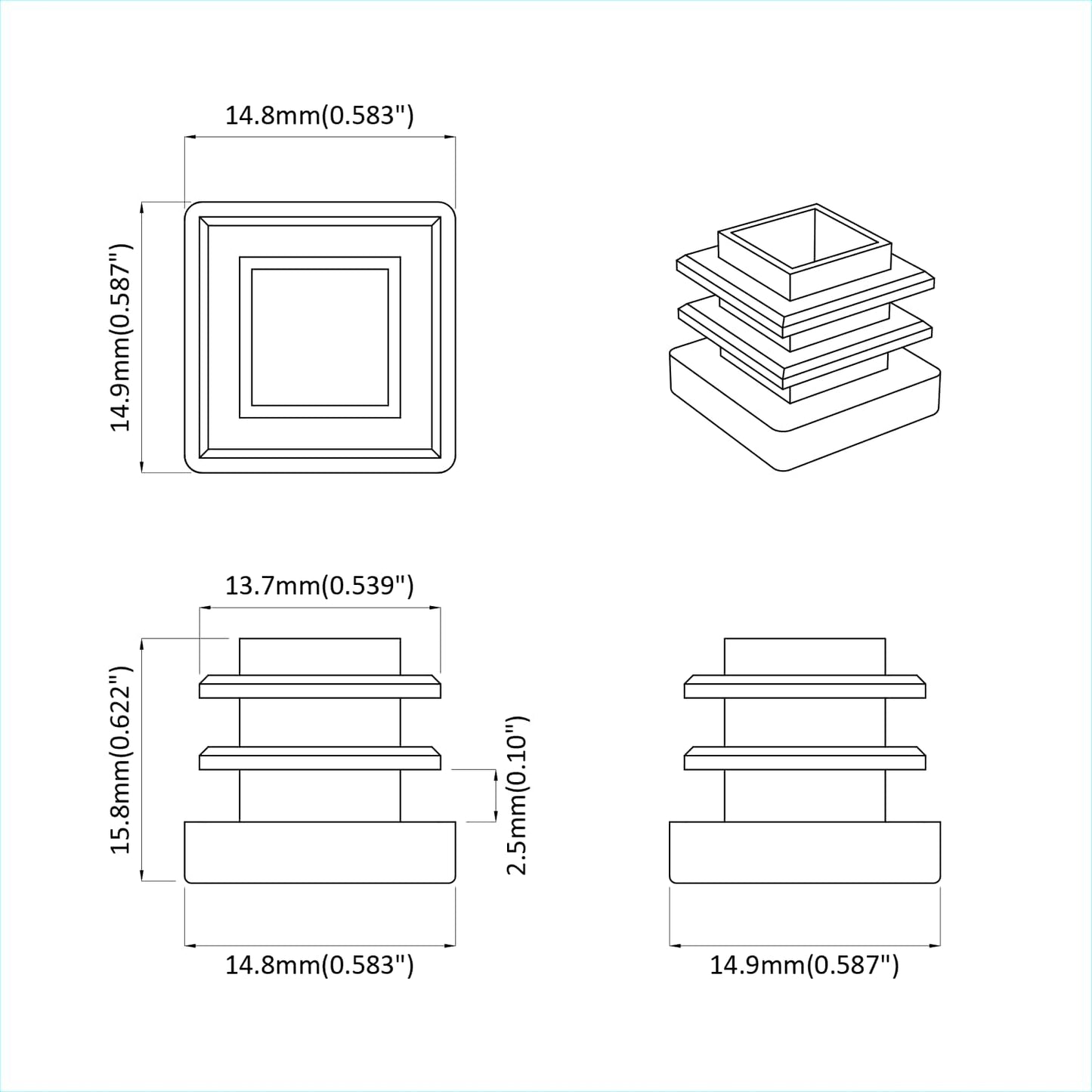 Tappi terminali 2 pcs Nero 15 x 15 x 15 mm PP
