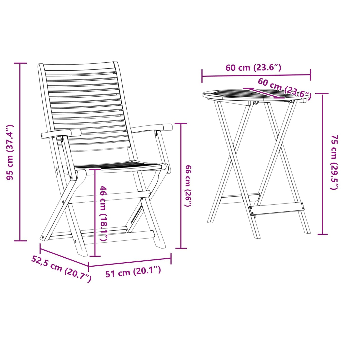 Set Bistro Pieghevole 3 pz Marrone Legno di Acacia Massello