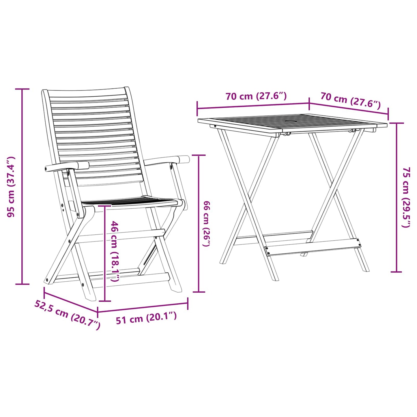 Set Bistro Pieghevole 3 pz Marrone Legno di Acacia Massello