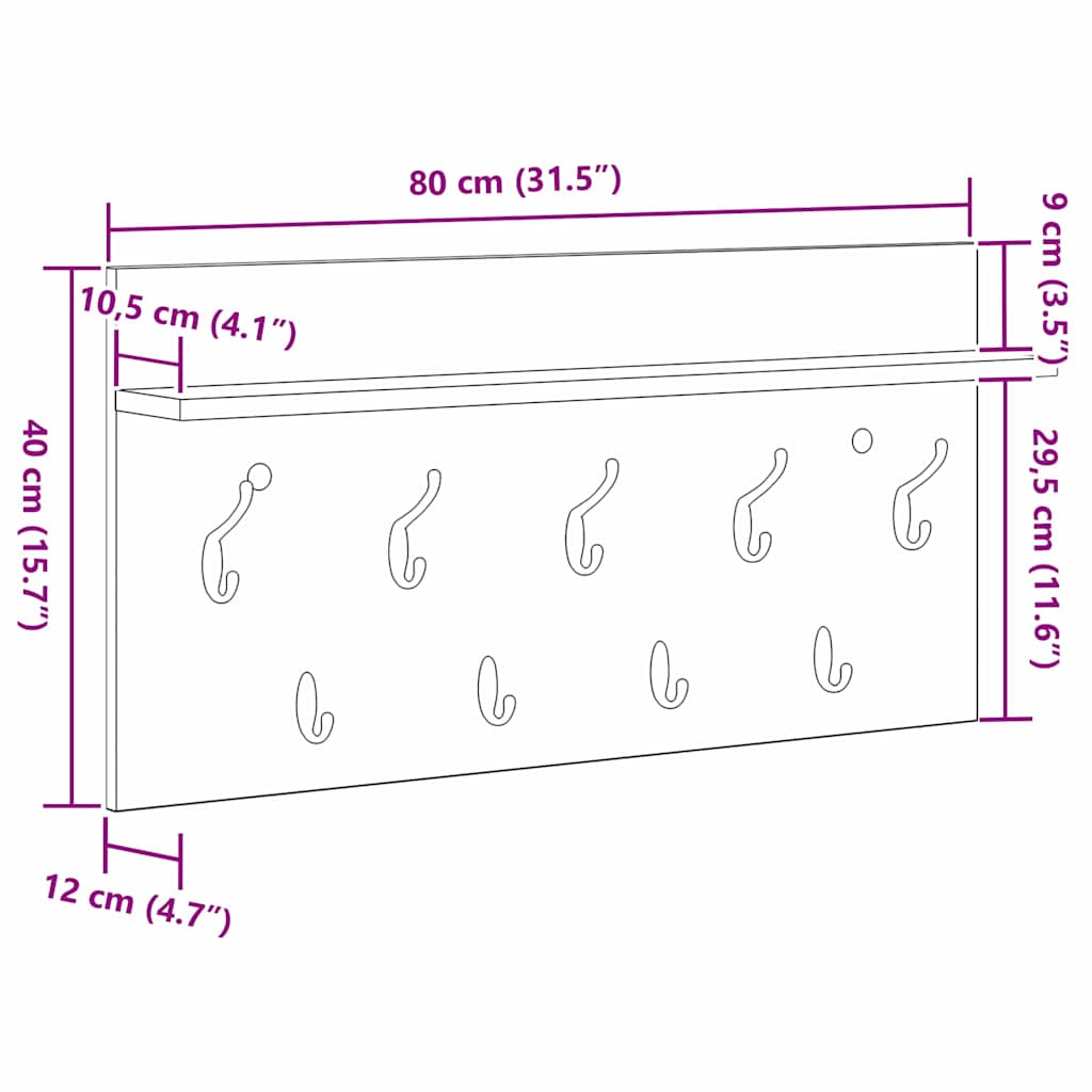Appendiabiti a muro con lo scaffale Rovere nero 80 x 40 x 12 cm