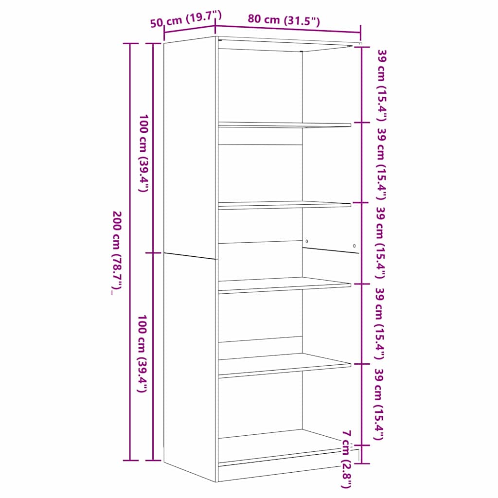 Guardaroba Rovere Nero 80 x 50 x 200 cm Legno multistrato