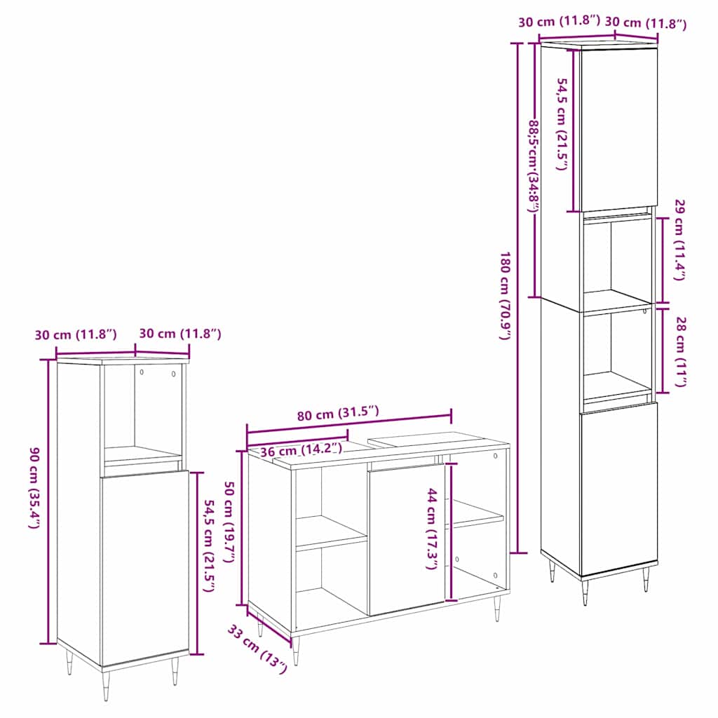 Set di mobili per il bagno 3 pcs Rovere Nero Legno multistrato | homemem39