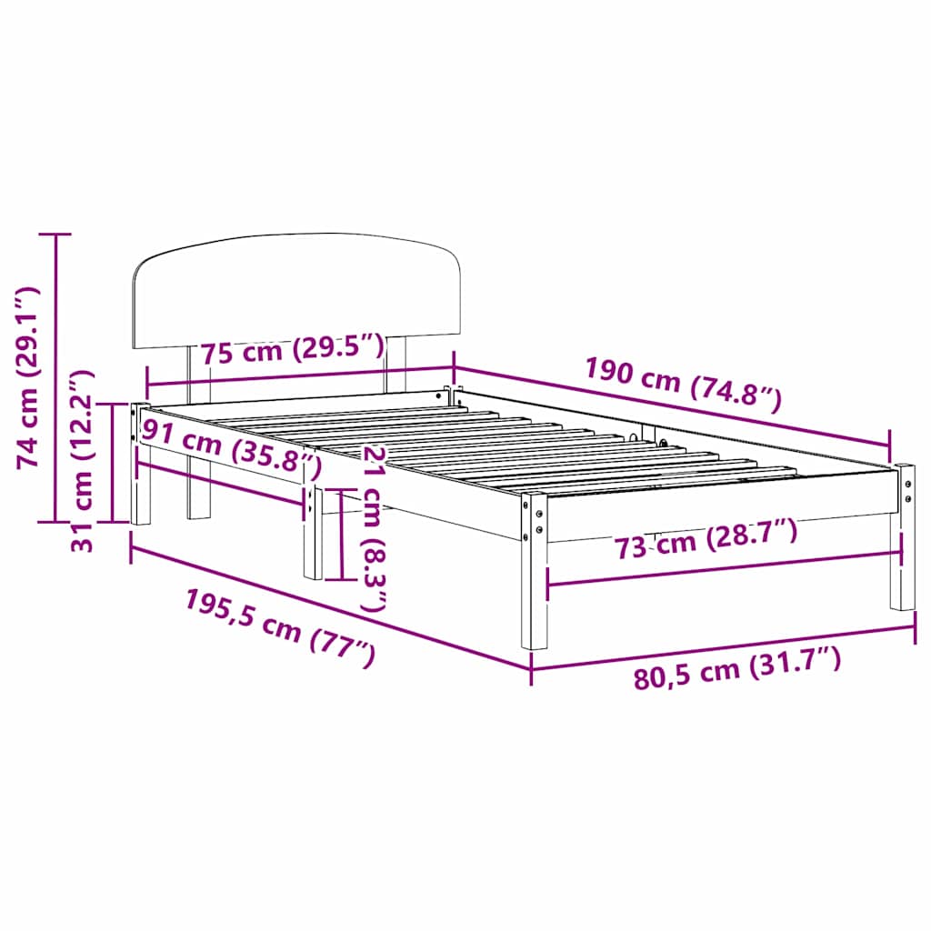 Struttura del letto Bianco 75 x 190 cm Pino massello
