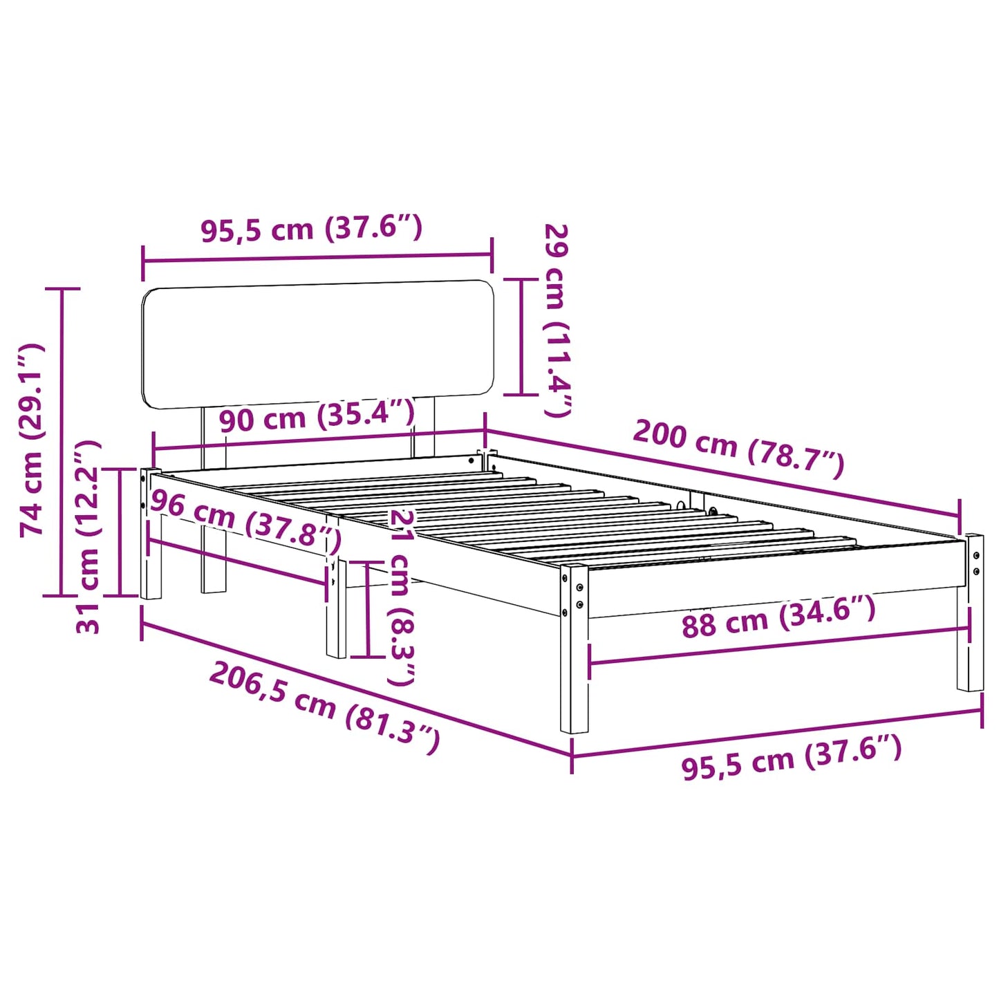 Struttura del letto Bianco 90 x 200 cm Pino massello | homemem39