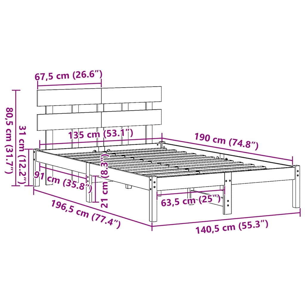Struttura del letto Bianco 135 x 190 cm Legno massello di pino | homemem39