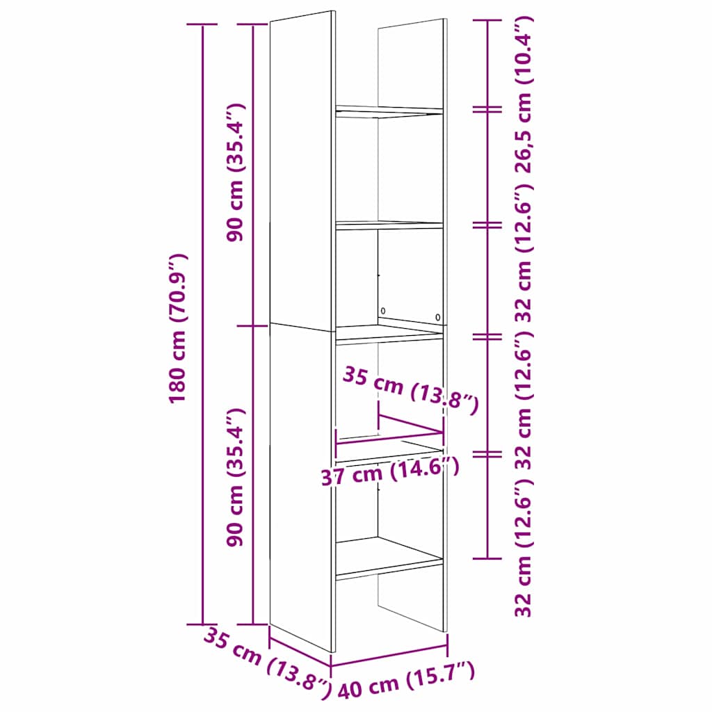 Armadio per Libri Rovere Nero 40 x 35 x 180 cm