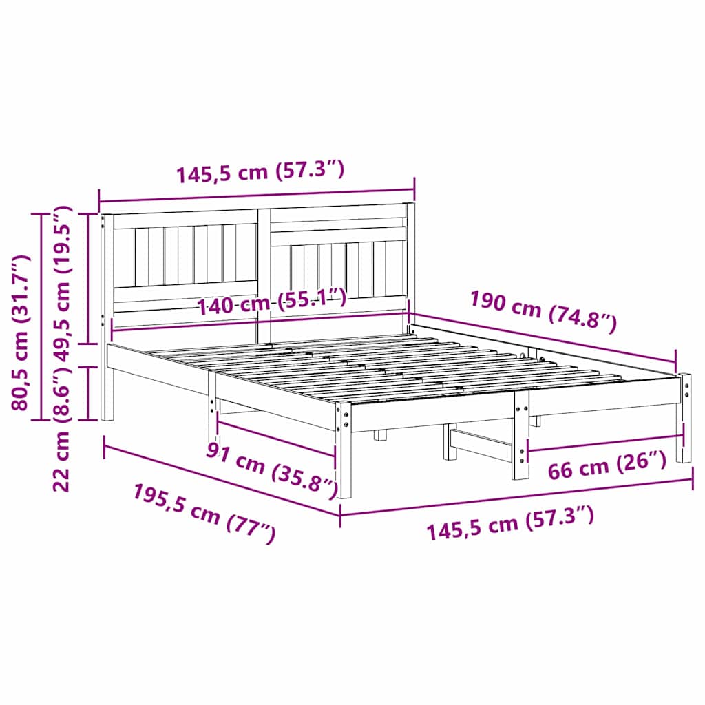 Struttura del letto Bianco 140 x 190 cm Pino massello