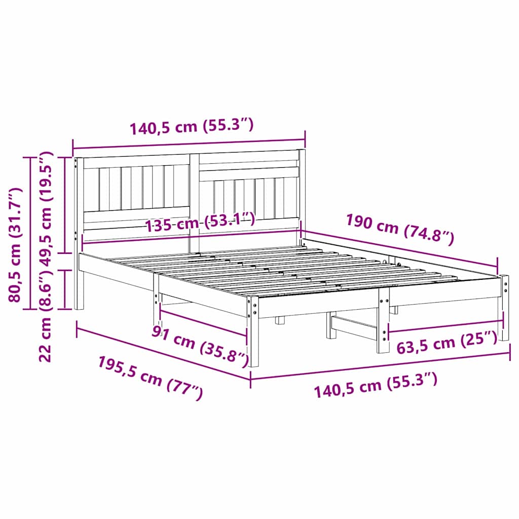 Struttura del letto con testiera Cera marrone 135 x 190 cm