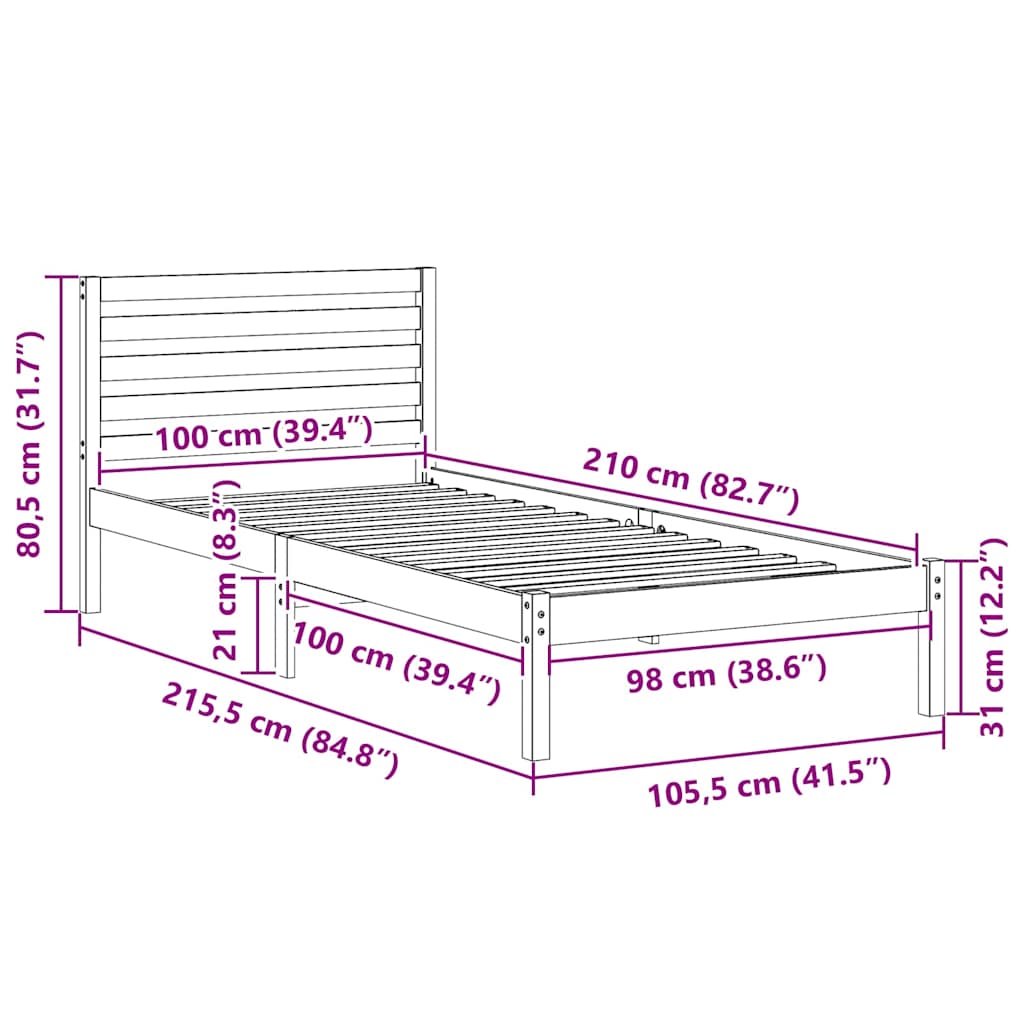 Struttura del letto Marrone 100 x 210 cm Pino massello