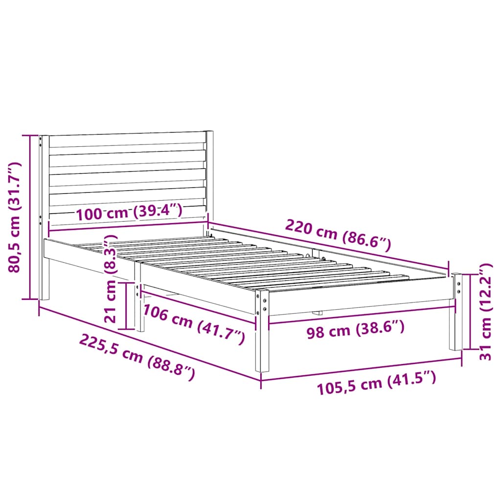 Struttura del letto Bianco 100 x 220 cm Pino massello | homemem39