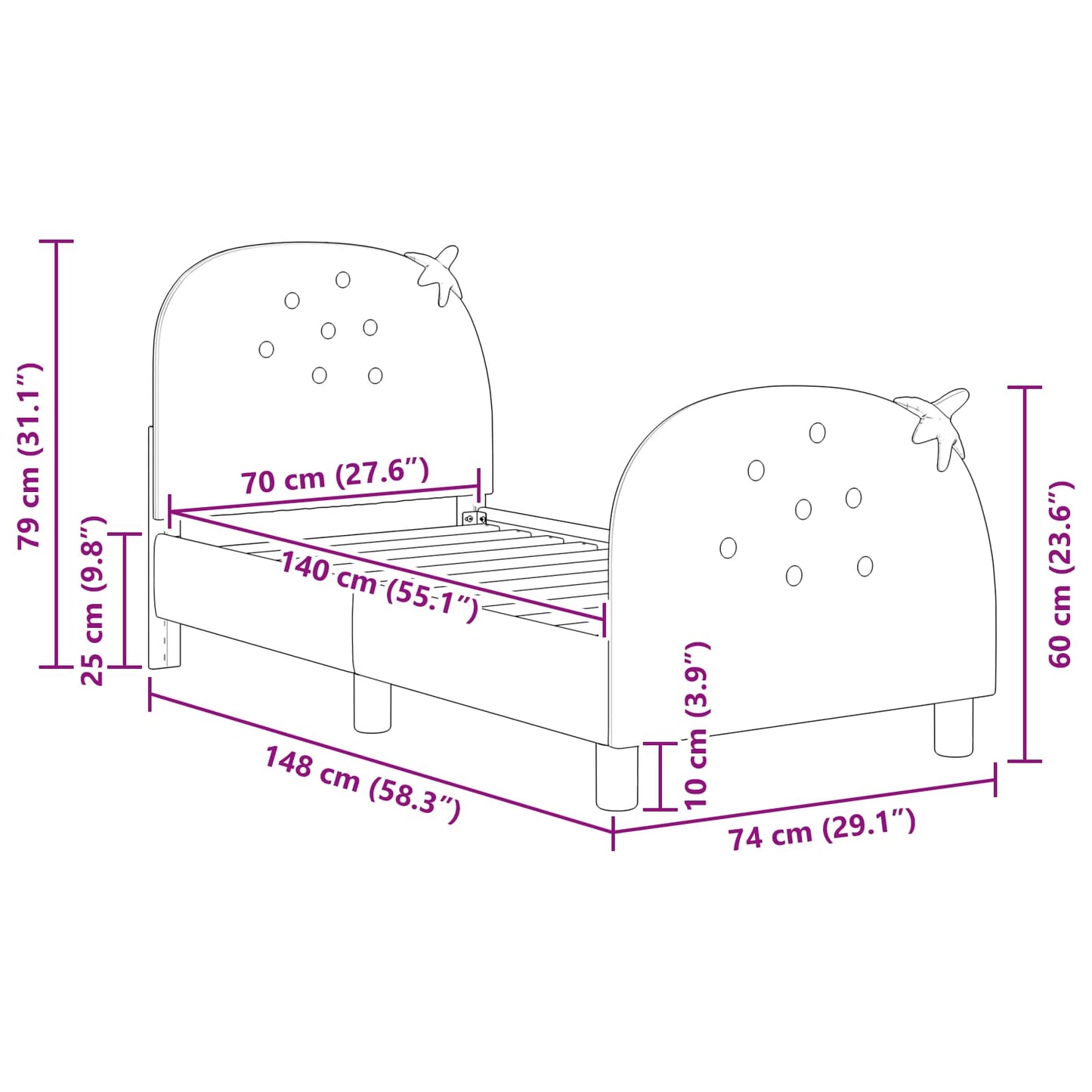 Struttura letto per bambini con testata Rosa 70 x 140 cm | homemem39