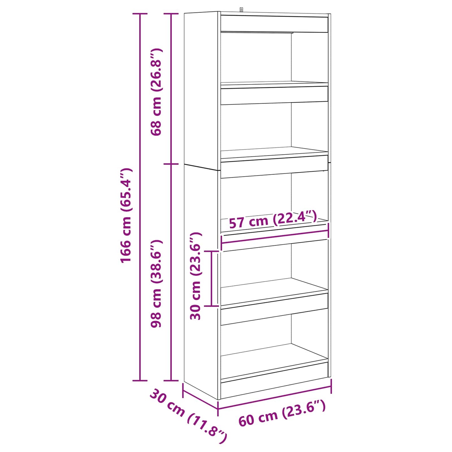 Armadio per Libri 5 livelli 60 x 30 x 166 cm rovere artigianale | homemem39
