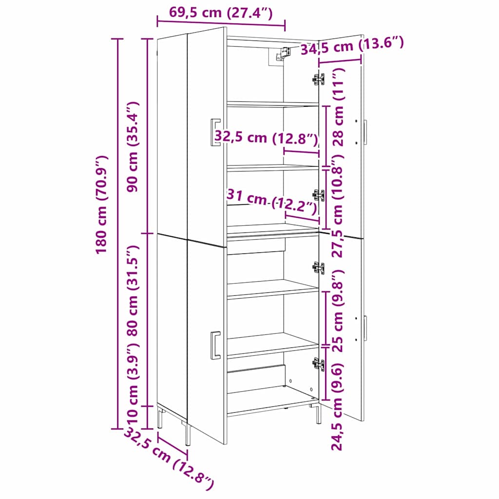 Credenza Rovere nero 69,5 x 34 x 180 cm Legno multistrato