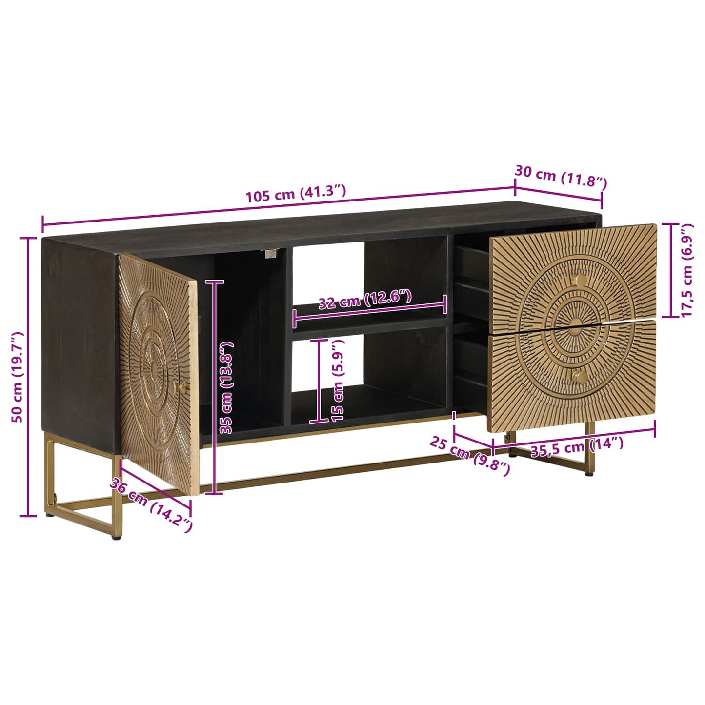 Mobile TV con cassetto con lo scaffale Ottone 105 x 30 x 50 cm