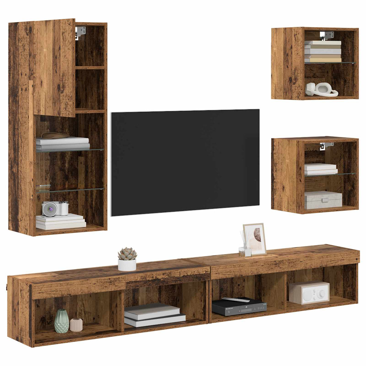Unità a muro per TV con LED 5 pz Legno vecchio 100 x 30 x 30 cm - homemem39