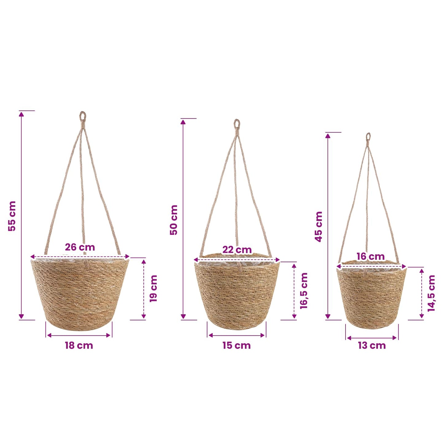 Cesti per piante in erba marina 3 pcs Naturale Ø26 x 19 cm | homemem39
