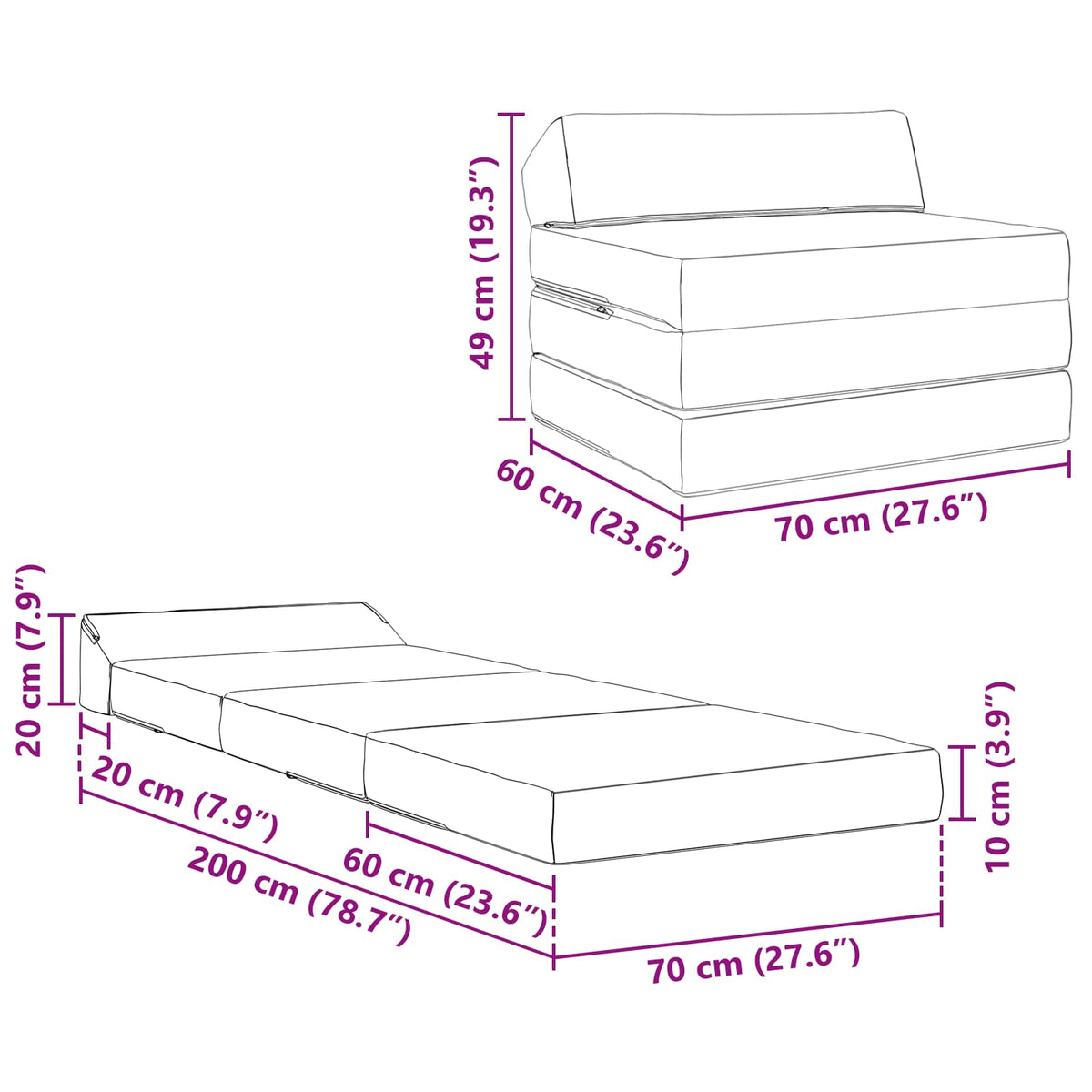 Divano Letto Pieghevole Nero 200 x 70 x 10 cm Tessuto | homemem39