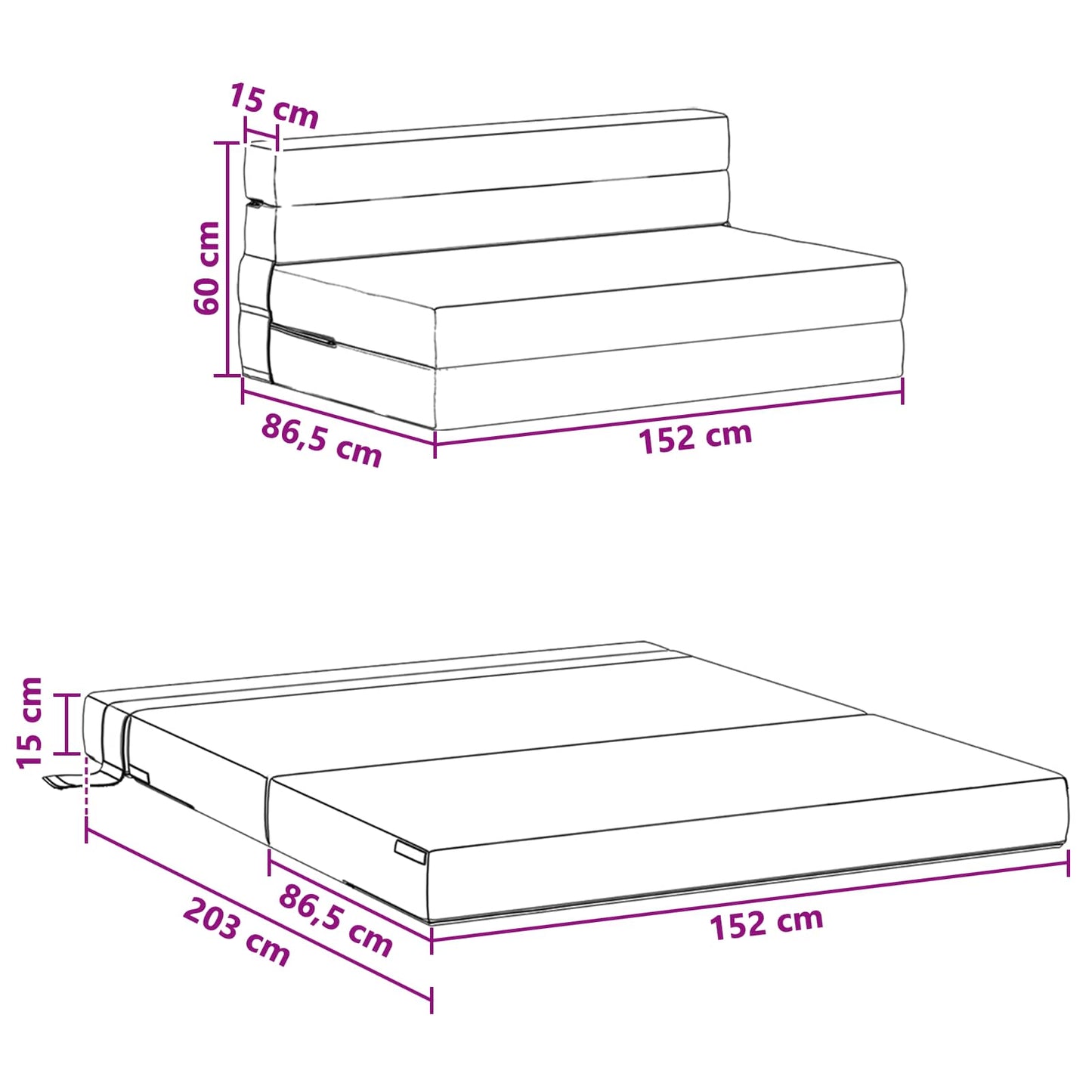 Divano Letto Pieghevole Nero 152 x 86,5 x 60 cm Tessuto