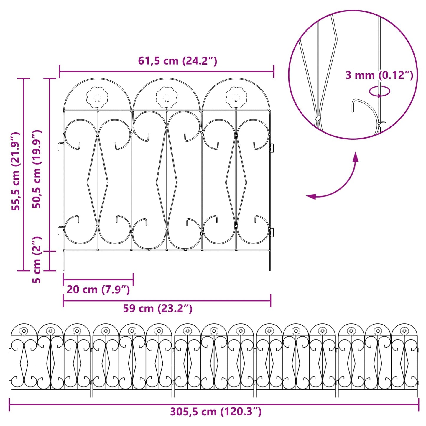 Recinzione per Giardino Traliccio Nero 305,5 x 55,5 x 0,3 cm