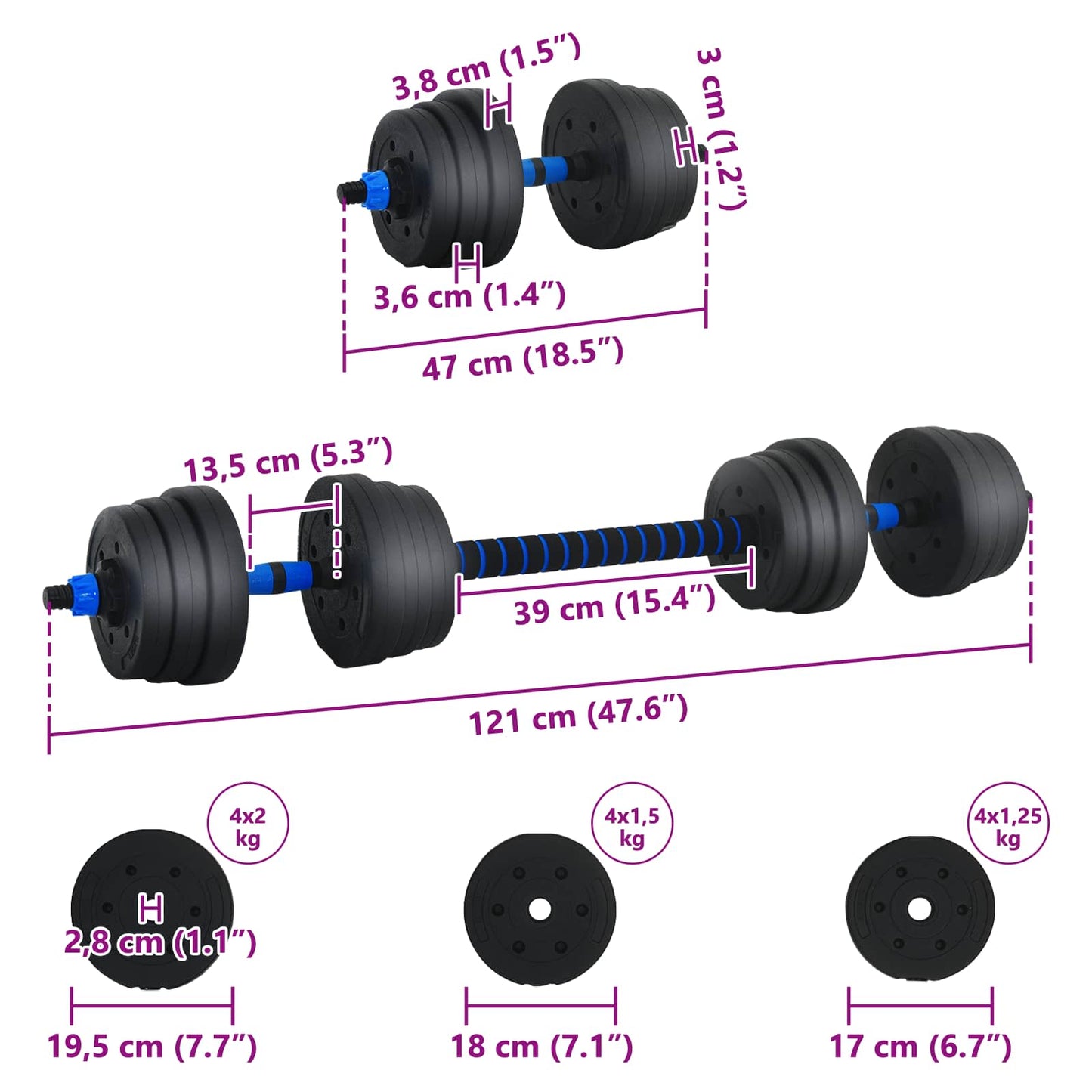 Set di Manubri 2-in-1 30kg Nero e Blu Cemento e sabbia di ferro | homemem39