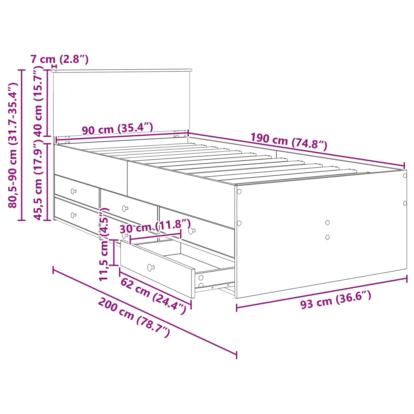 Daybed Grigio Sonoma e Nero 90 x 190 cm Legno multistrato