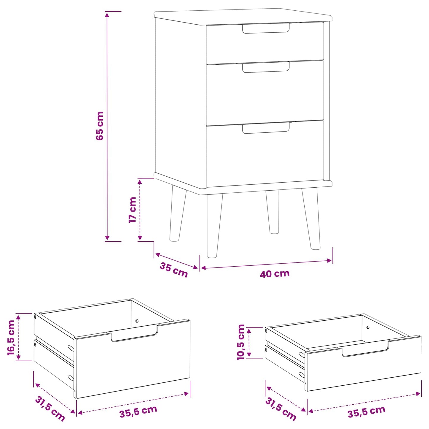 Armadio da Notte Nero 40 x 35 x 65 cm Legno di pino massiccio | homemem39