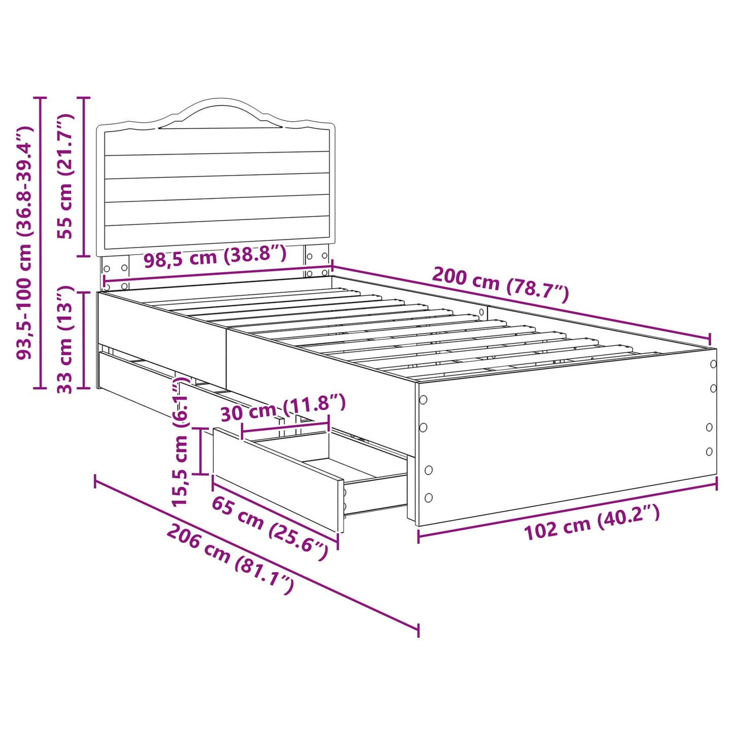 Struttura del letto Nero 100 x 200 cm Legno Ingegnerizzato | homemem39