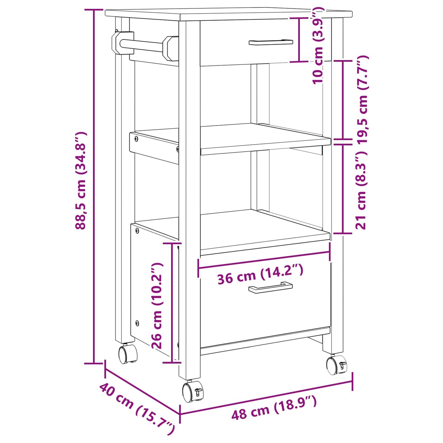 Carrello da Cucina Nero 88,5 x 40 x 48 cm