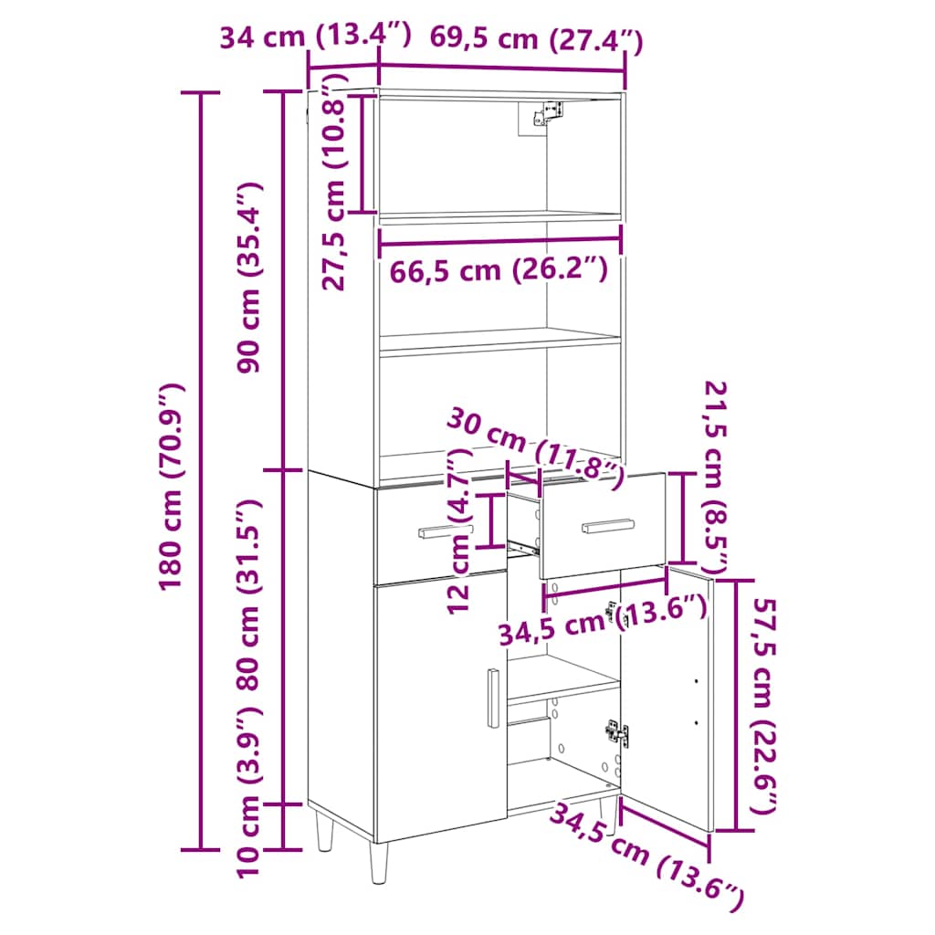 Credenza con cassetto Rovere artigianale 69,5 x 32,5 x 180 cm