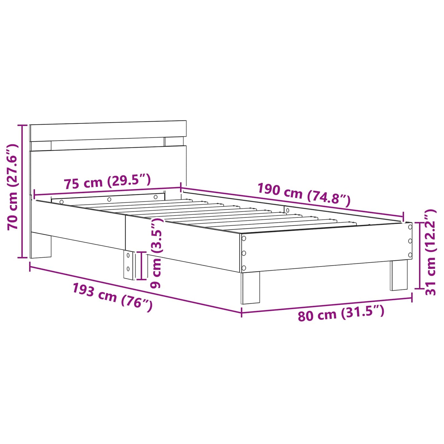 Struttura del letto Rovere artigianale 75 x 190 cm | homemem39