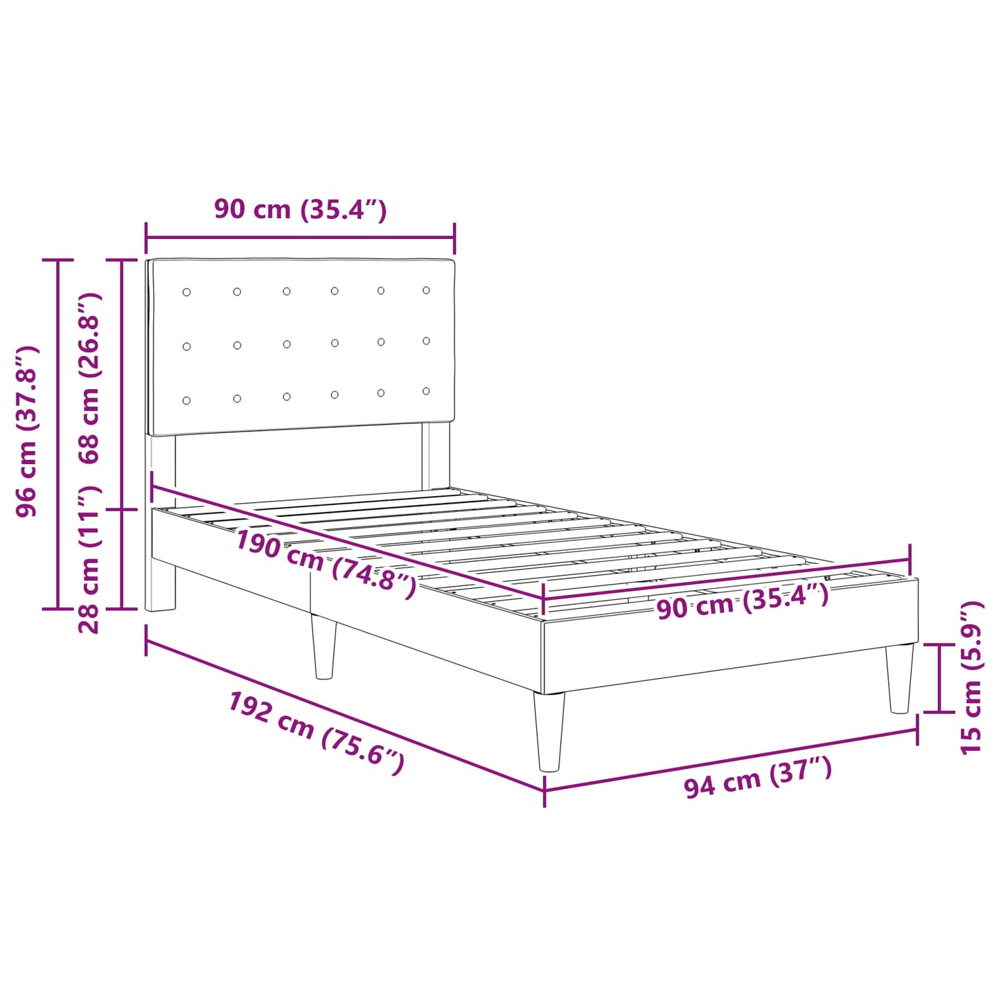 Struttura del letto con testiera Nero 90 x 190 cm Tessuto | homemem39
