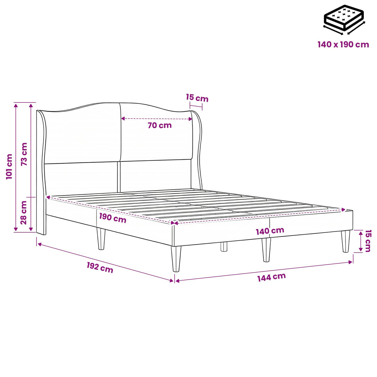 Struttura del letto con testiera Rosa 140 x 190 cm Velluto | homemem39