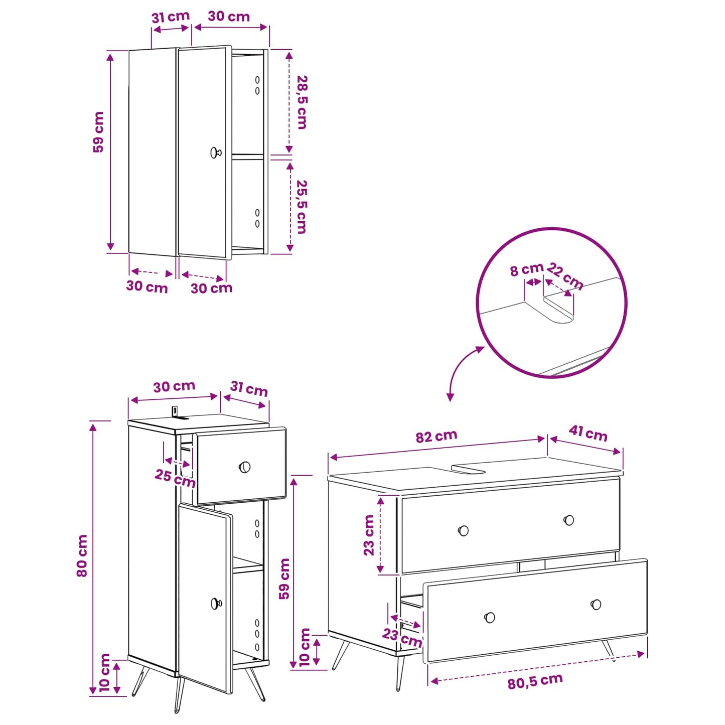Set di armadietti da bagno in 3 pezzi BREDA Legno antico