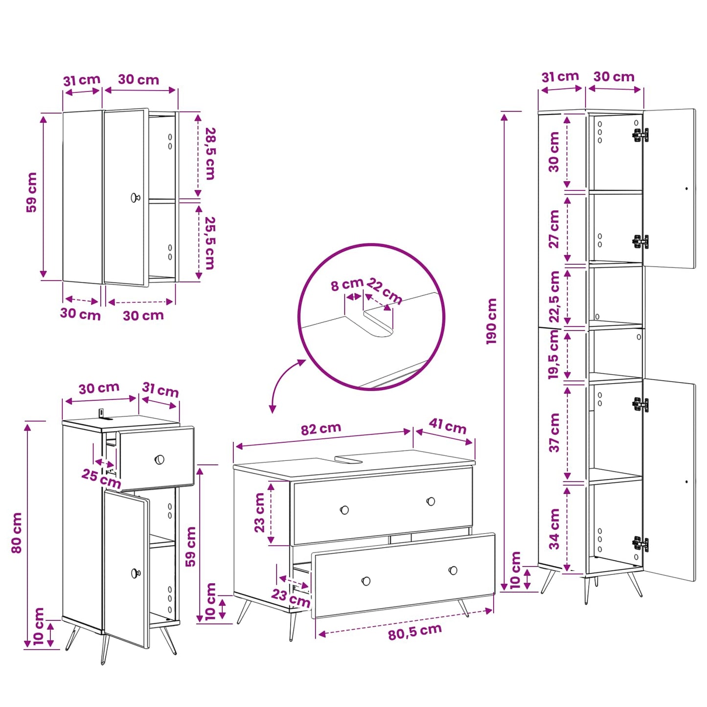 Set di Mobili da Bagno da 4 Pezzi BREDA Bianco Lucido | homemem39