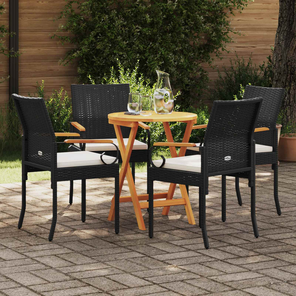 Sedie da giardino 4 pz Nero e Bianco Crema Polyrattan e acacia - homemem39