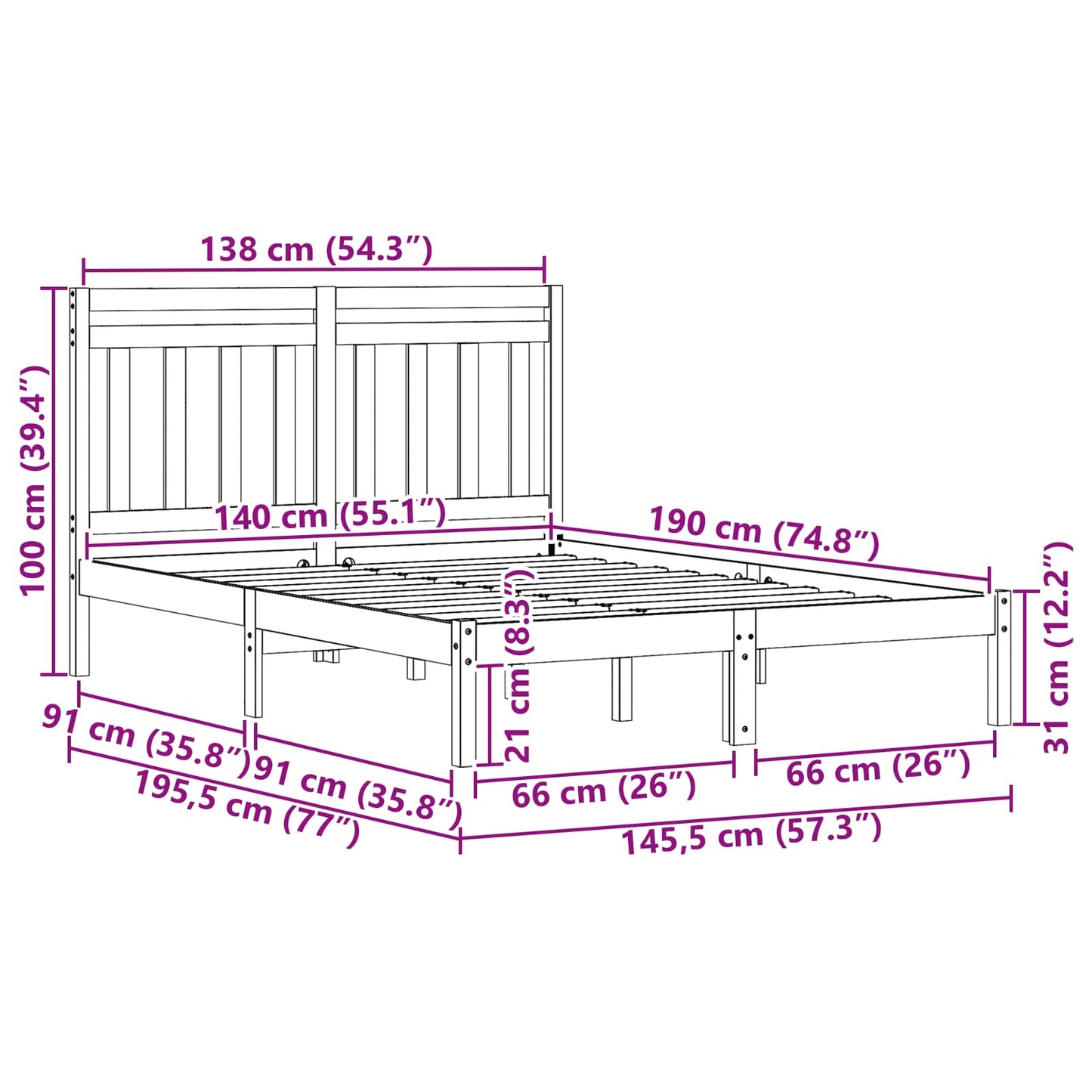 Struttura del letto Marrone cerato 140 x 190 cm Pino massello