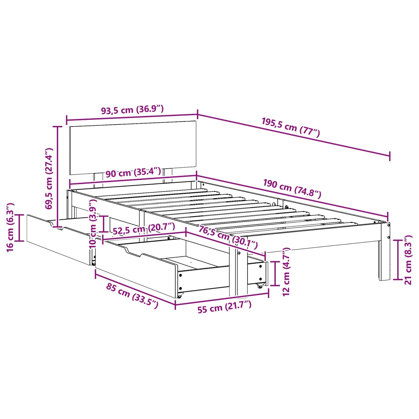 Struttura del letto 3 pcs Marrone cerato Legno di Pino Massello | homemem39