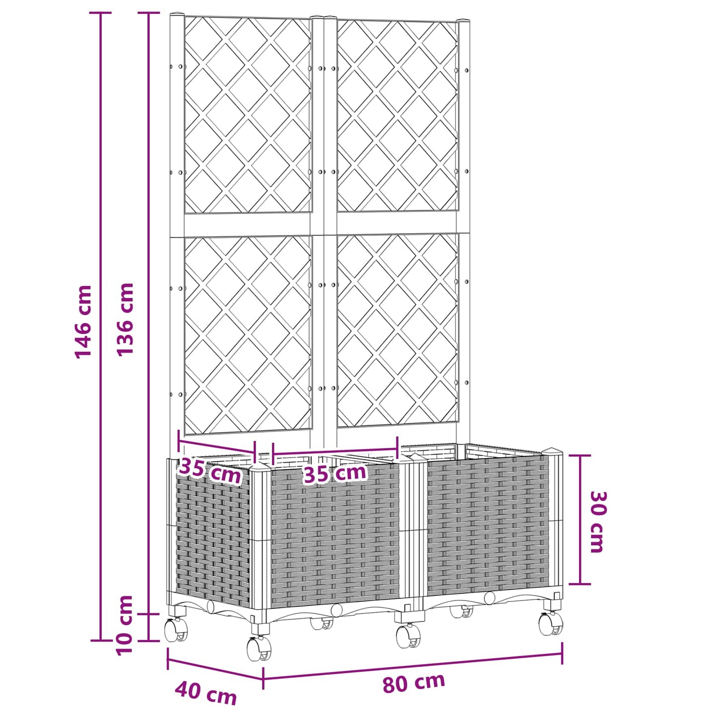 Vaso da giardino con grigliato e ruote Nero 80 x 40 x 146 cm PP | homemem39