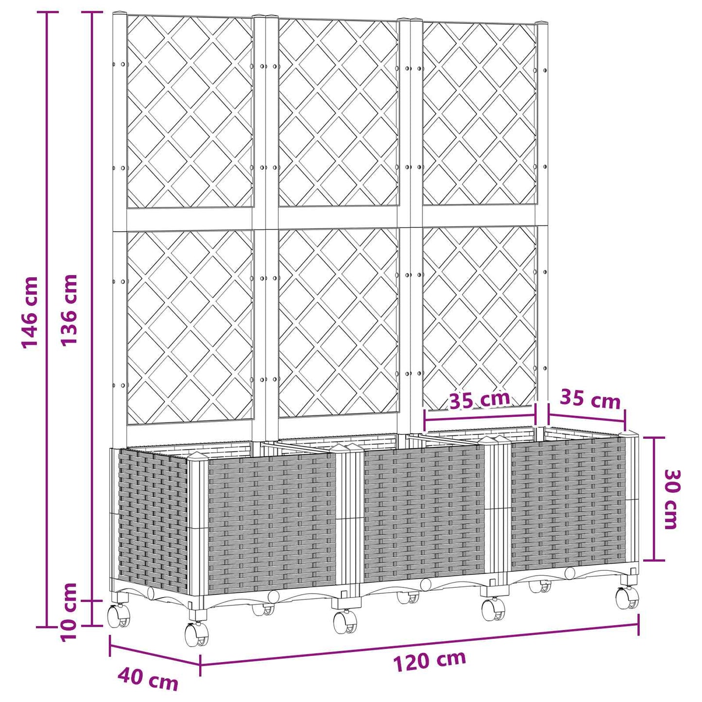 Vaso da giardino con grigliato e ruote Nero 120 x 40 x 146 cm | homemem39