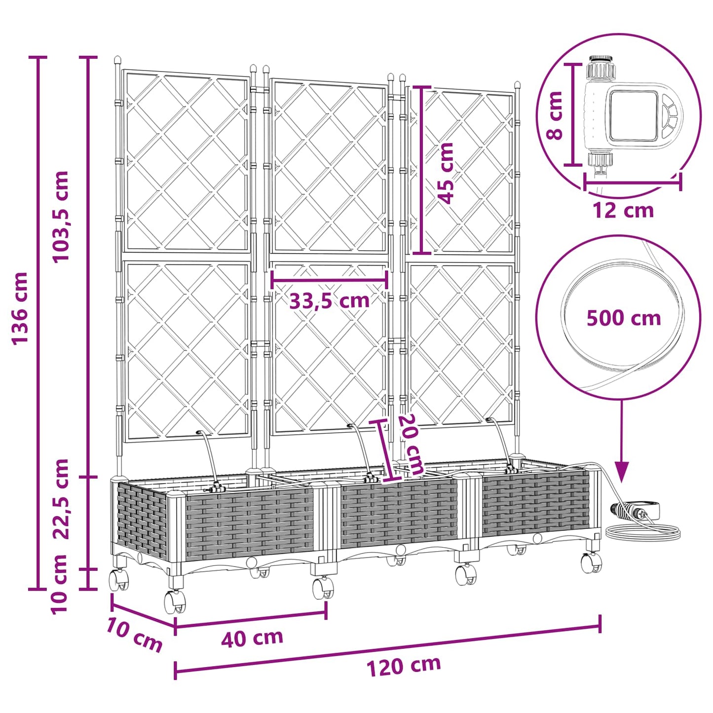 Vaso da Giardino con Irrigazione e Ruote 3 pz Nero PP | homemem39
