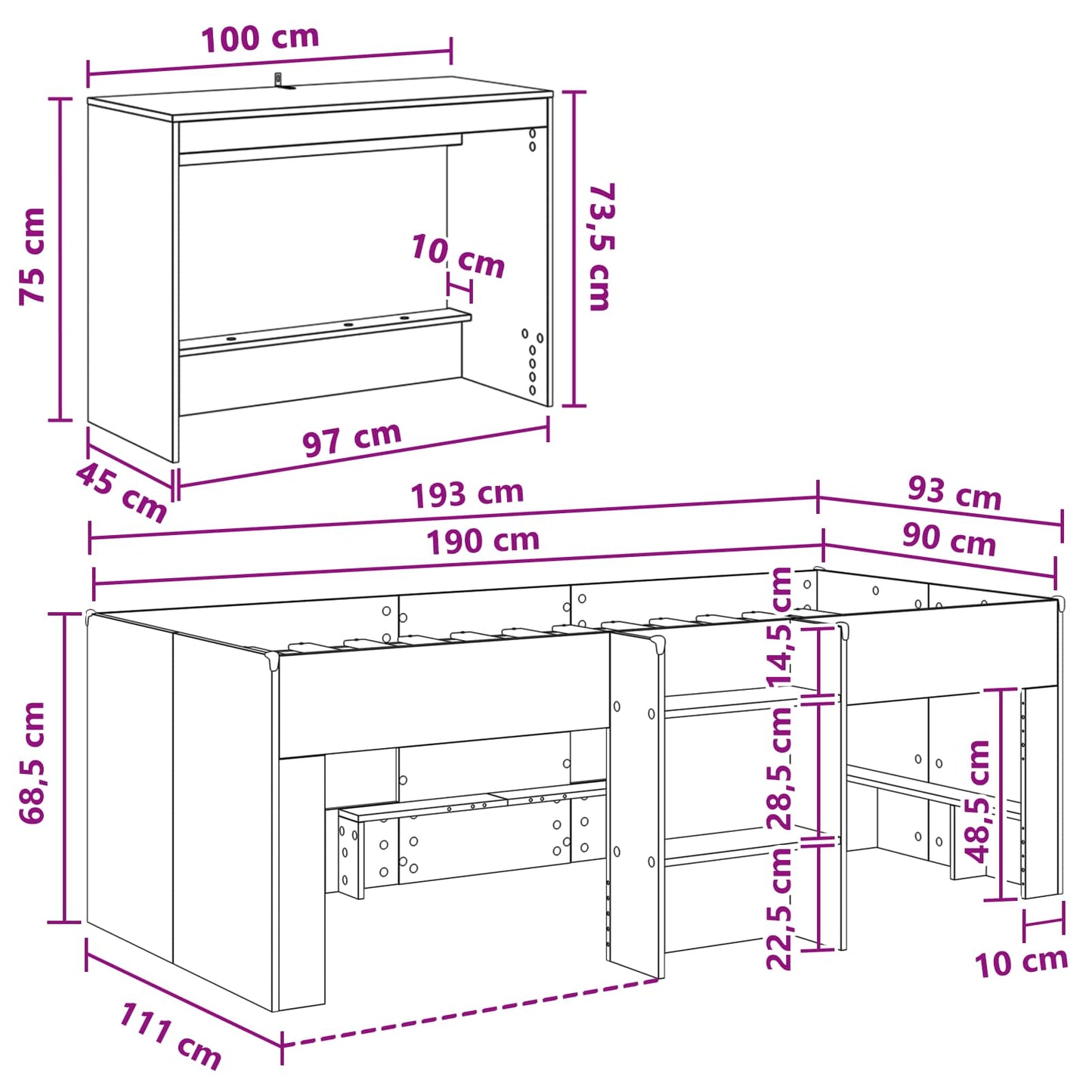 Letto alto per bambini con scrivania 2 pz Grigio Cemento