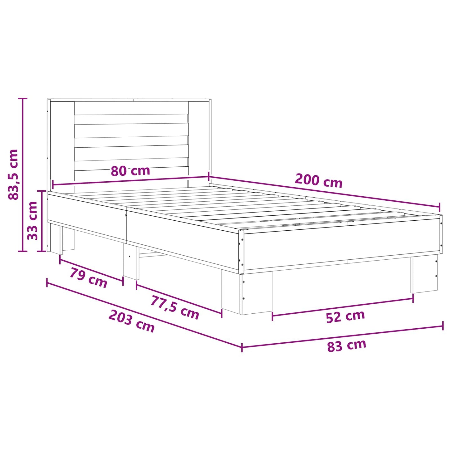 Struttura letto con testata Rovere Fumo 80 x 200 cm | homemem39